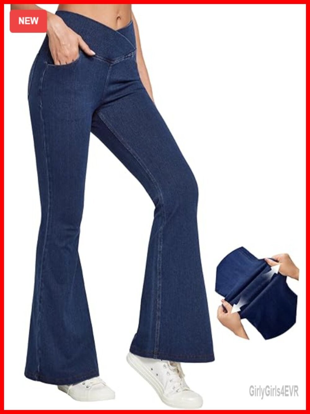 High Waisted Bell Bottom Jeans with V Cross Pull On Stretchy Bootcut Flare